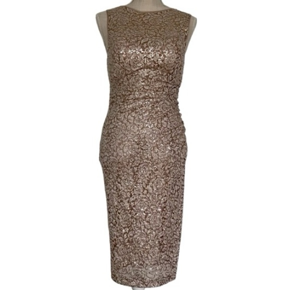 Xscape Sleeveless Rose-Pattern Sequin Midi Dress in Champagne Gold
